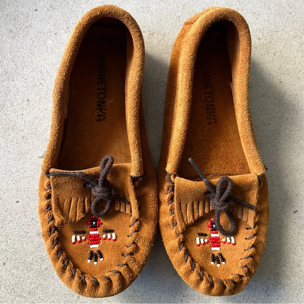 Minnetonka Moccasins Youth 2 Thunderbird Suede Beaded Fringed Tribal Artsy Boho
